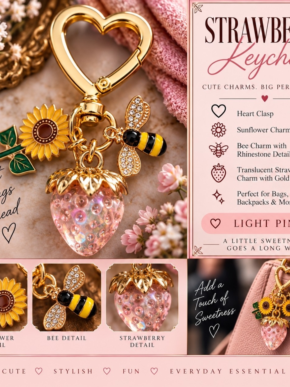 Gold Bee & Light Pink Strawberry Keychain!!